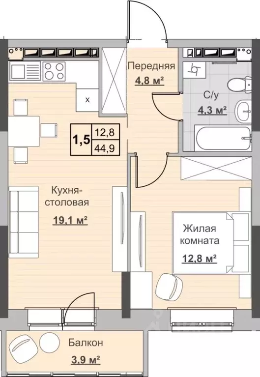 1-к кв. Удмуртия, Ижевск ул. Ухтомского (44.8 м) - Фото 0