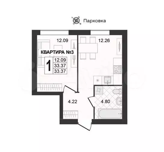 1-к. квартира, 33,4 м, 1/4 эт. - Фото 1