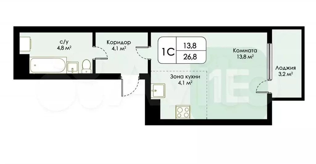 Квартира-студия, 26,8 м, 6/16 эт. - Фото 0