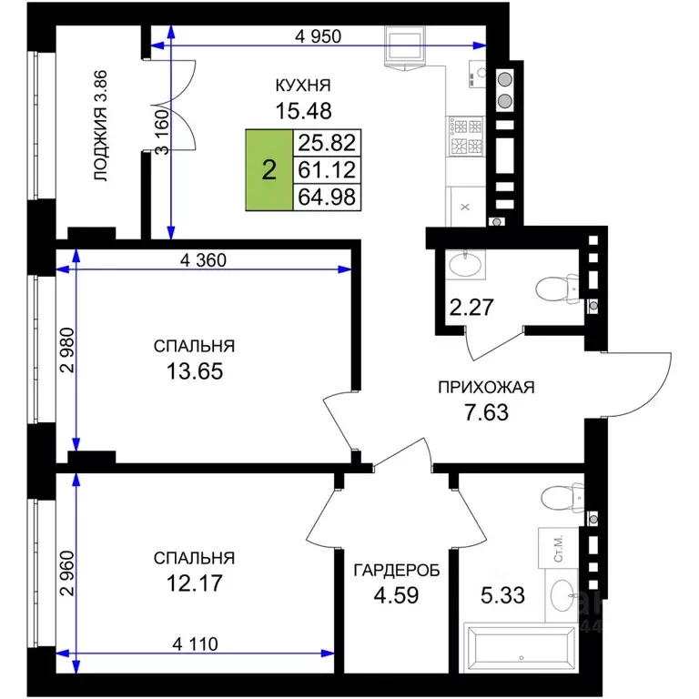 2-к кв. Калининградская область, Гурьевск Включи жилой комплекс (64.98 ... - Фото 1