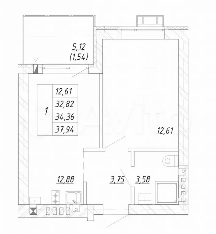 1-к. квартира, 34,4 м, 4/4 эт. - Фото 1