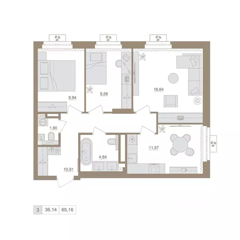 3-к кв. Башкортостан, Уфа бул. Яркий (65.16 м) - Фото 0