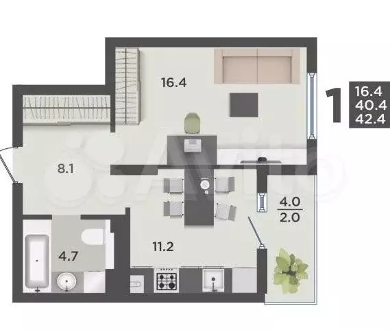 1-к. квартира, 42,4 м, 3/9 эт. - Фото 0