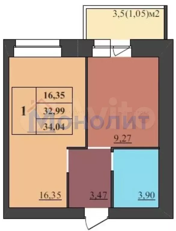 1-к. квартира, 34,1 м, 7/9 эт. - Фото 1