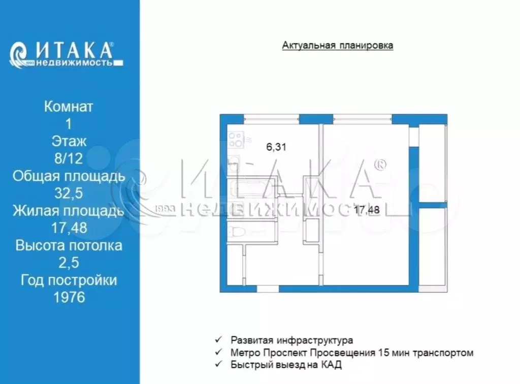 1-к. квартира, 32,5 м, 8/12 эт. - Фото 0