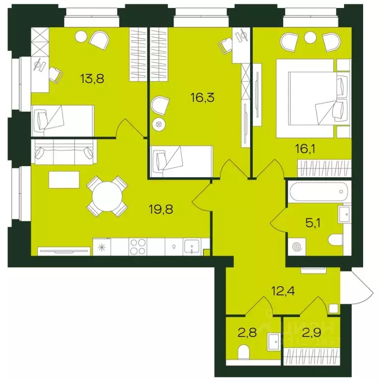 3-к кв. Чувашия, Чебоксары просп. Чебоксарский (89.4 м) - Фото 1