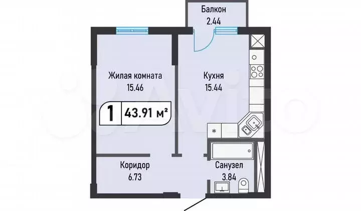 1-к. квартира, 43,9м, 4/6эт. - Фото 1