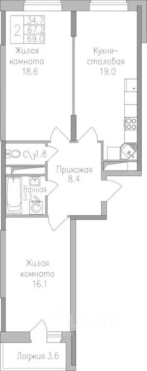 2-к кв. Липецкая область, Липецк Поколение жилой комплекс (69.0 м) - Фото 0