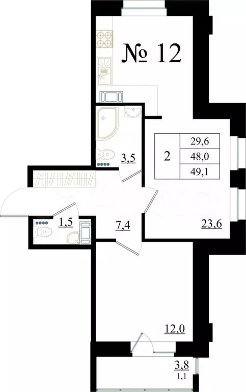 2-к. квартира, 49,1 м, 2/8 эт. - Фото 0