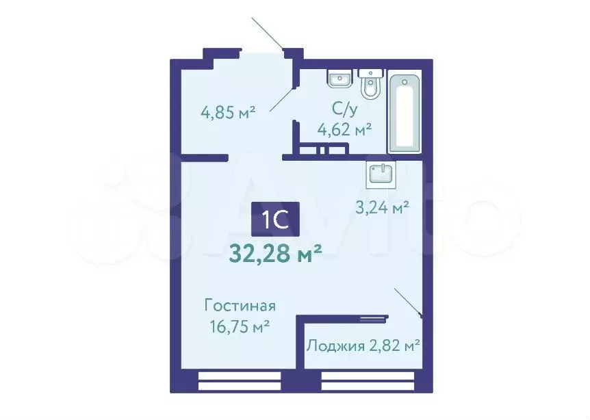 Квартира-студия, 28,4 м, 7/9 эт. - Фото 1