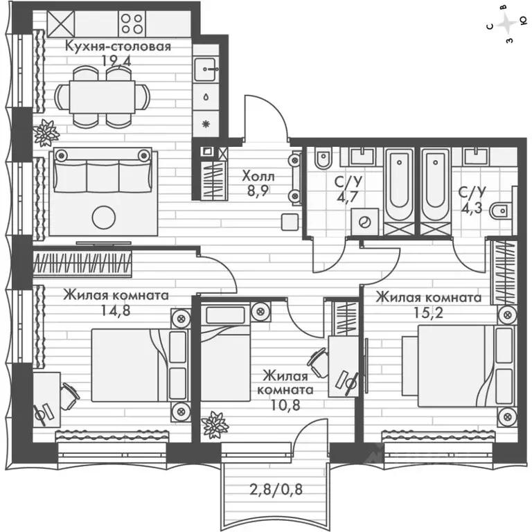 3-к кв. Нижегородская область, Нижний Новгород Черниговская ул. (78.9 ... - Фото 2