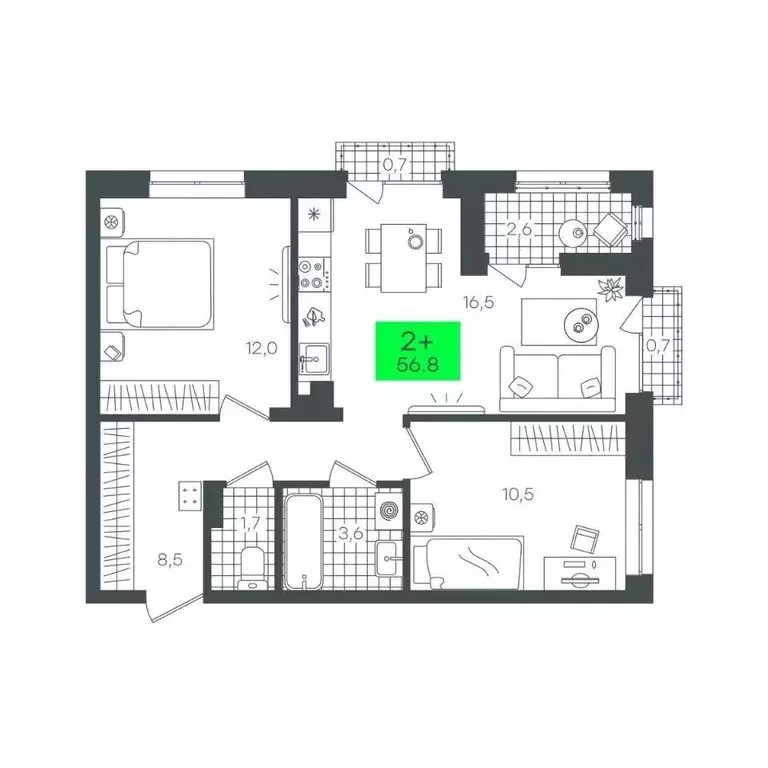 2-к кв. Тюменская область, Тюмень Комарово Парк жилрайон,  (56.8 м) - Фото 1
