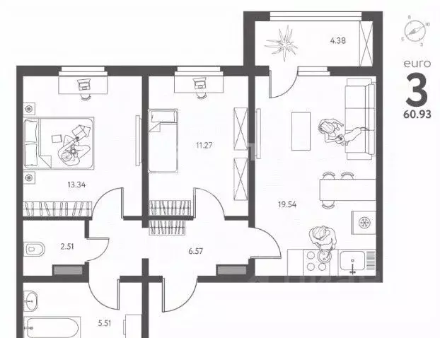 2-к кв. Липецкая область, Липецк ул. Перова, 1 (60.93 м) - Фото 2