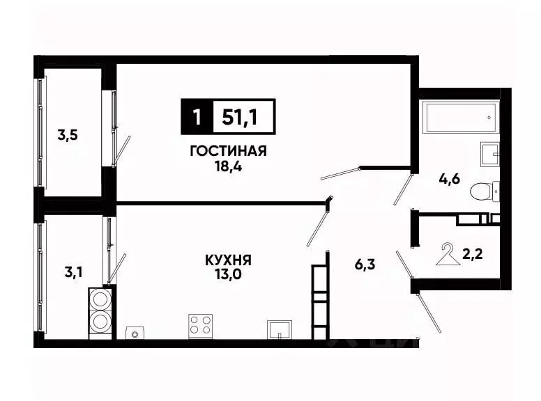 1-к кв. Ставропольский край, Ставрополь ул. Андрея Голуба, 14к3 (51.1 ... - Фото 0