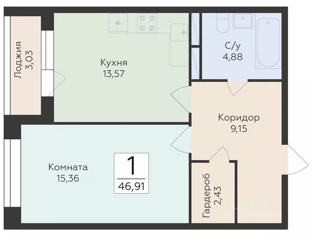 1-к кв. Воронежская область, Воронеж ул. Матросова (46.91 м) - Фото 0