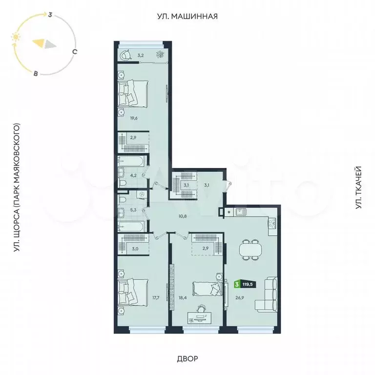 3-к. квартира, 119,5 м, 5/30 эт. - Фото 0