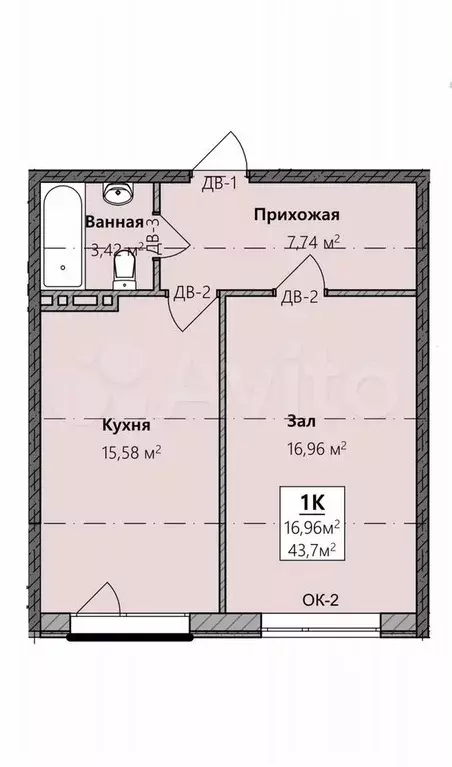 1-к. квартира, 43,7 м, 6/8 эт. - Фото 1
