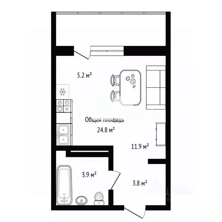 Студия Новосибирская область, Новосибирск ул. Тюленина, 3 (24.8 м) - Фото 2