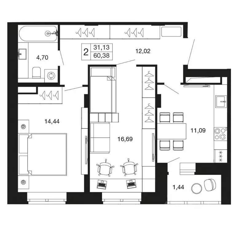 Квартира, 2 комнаты, 60.38 м - Фото 1