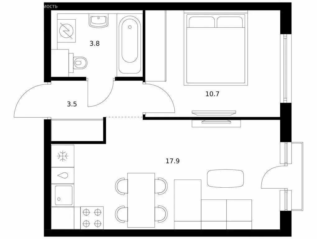 1-комнатная квартира: Москва, улица Ивана Франко, 20к2 (35.9 м) - Фото 0