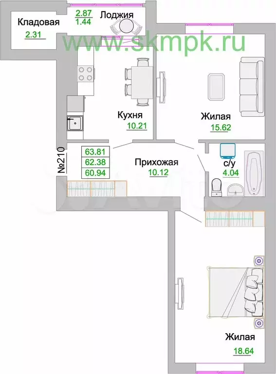 2-к. квартира, 62,4 м, 6/9 эт. - Фото 1