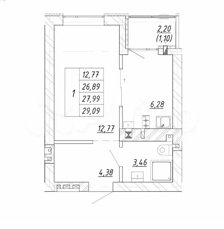 1-к. квартира, 28 м, 3/4 эт. - Фото 1