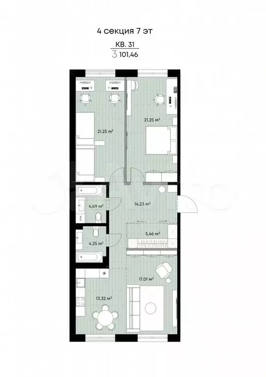 3-к. квартира, 101,5 м, 7/9 эт. - Фото 1