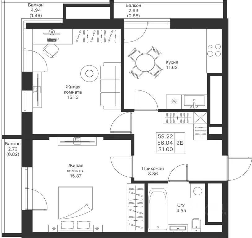 2-к кв. Татарстан, Казань Мой Ритм жилой комплекс (59.22 м) - Фото 1