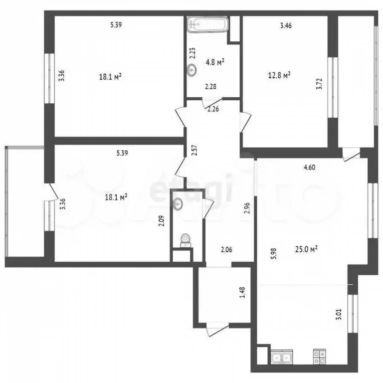 3-к. квартира, 93,5 м, 3/4 эт. - Фото 0