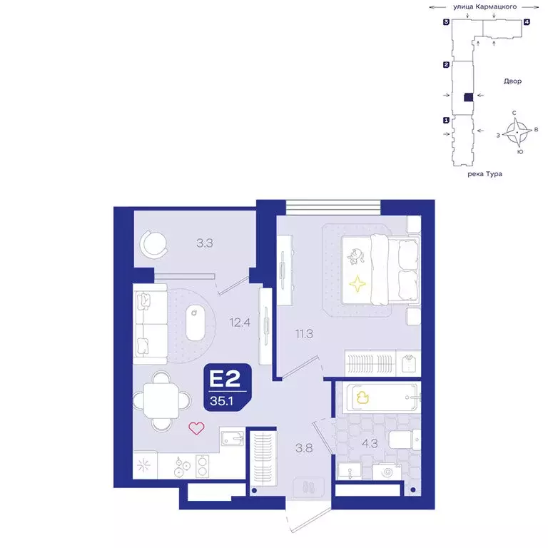2-комнатная квартира: Тюмень, улица Евгения Войнова, 3 (35.1 м) - Фото 1