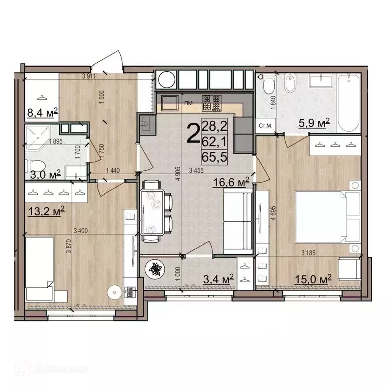 2-к кв. Рязанская область, Рязань Еврокласс жилой комплекс (65.5 м) - Фото 2