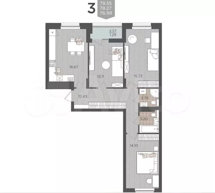 3-к. квартира, 78,3 м, 7/9 эт. - Фото 1
