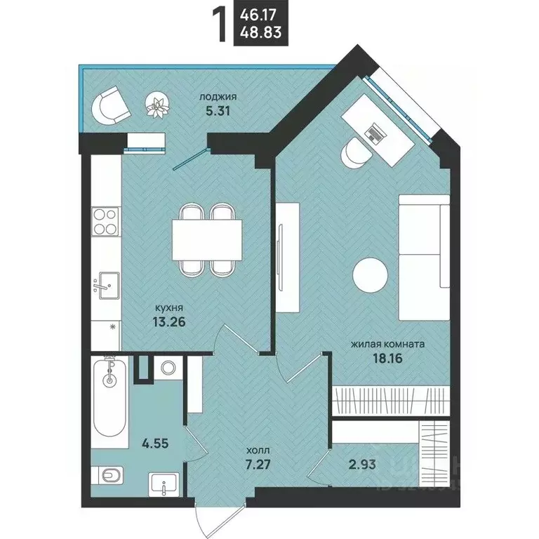 1-к кв. Архангельская область, Архангельск ул. Свободы, 16 (48.83 м) - Фото 1