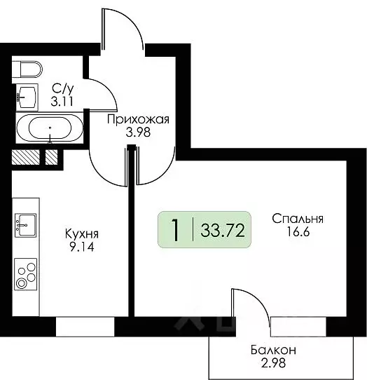 1-к кв. Смоленская область, Гагарин ул. Строителей, 127 (33.72 м) - Фото 1