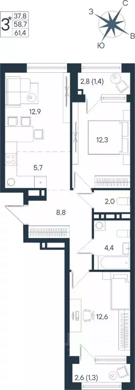 3-к кв. Пермский край, Пермь ул. Космонавта Беляева, 17 (61.4 м) - Фото 0