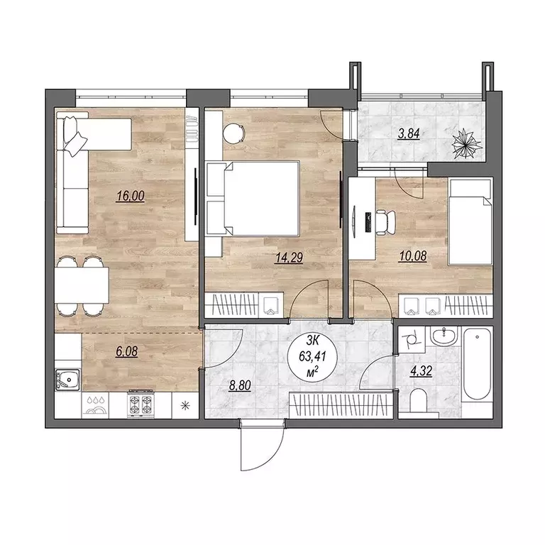 3-к квартира, 63.41 м - Фото 0