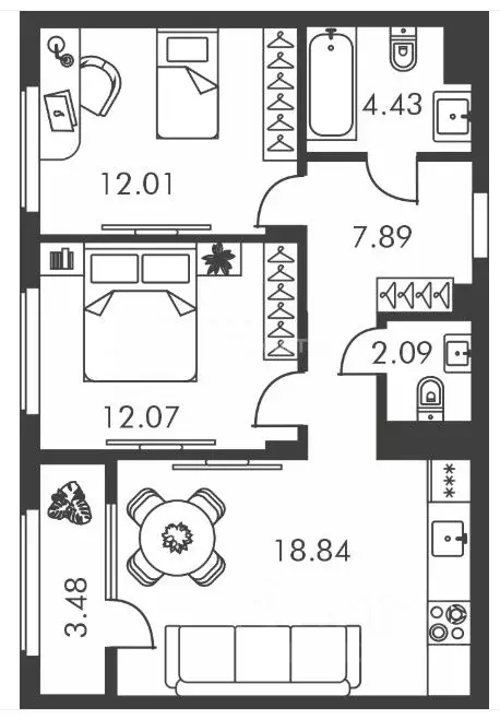 3-к кв. Тульская область, Тула Карпова-Дом жилой комплекс (58.5 м) - Фото 2