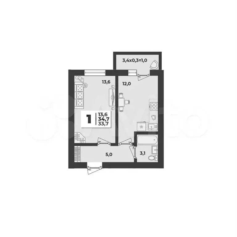 1-к. квартира, 34,7 м, 4/5 эт. - Фото 1