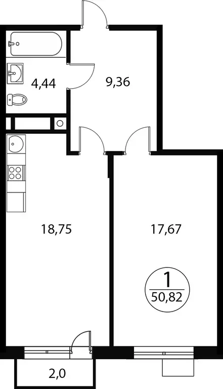 1-к квартира, 50.82 м - Фото 0