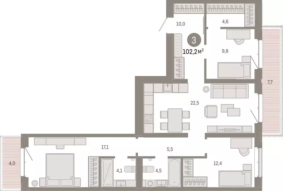 3-комнатная квартира: Тюмень, жилой комплекс На Минской (102.18 м) - Фото 1