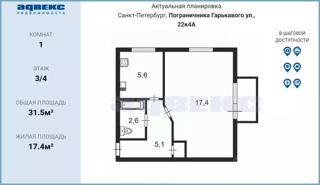 1-к кв. Санкт-Петербург ул. Пограничника Гарькавого, 22К4 (31.5 м) - Фото 2