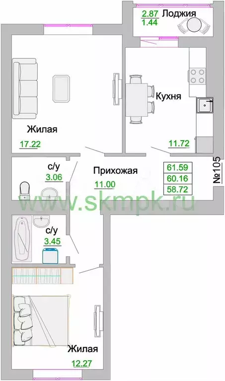 2-к. квартира, 60,2 м, 6/9 эт. - Фото 1