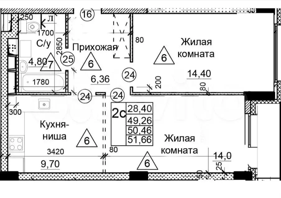 2-к. квартира, 51,7 м, 23/25 эт. - Фото 0