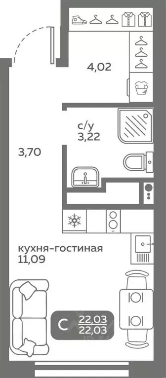 Студия Тюменская область, Тюмень ул. Вадима Бованенко, 10 (22.03 м) - Фото 0