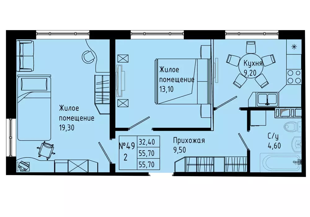 2-комнатная квартира: Коммунар, Железнодорожная улица, 41к2 (55.7 м) - Фото 1