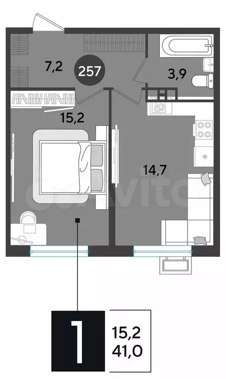 1-к. квартира, 41 м, 4/9 эт. - Фото 1