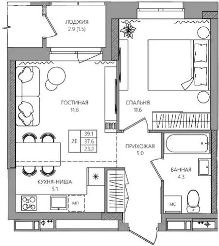 2-комнатная квартира: деревня Кондратово, Водопроводная улица, 5 (39.1 ... - Фото 1