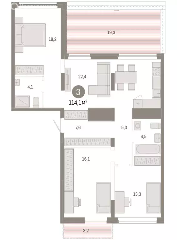 3-комнатная квартира: Новосибирск, Большевистская улица, с48 (114.09 ... - Фото 1