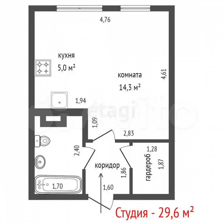 Квартира-студия, 29,6 м, 2/25 эт. - Фото 1