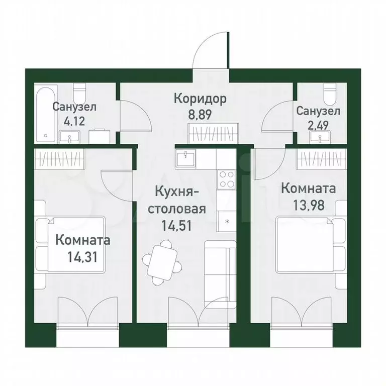 2-к. квартира, 59,2 м, 4/4 эт. - Фото 0